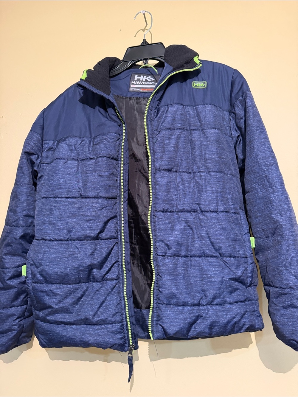 Hawke & Co Navy Puffer Jacket with Lime Accent